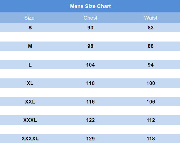 Swimsuit Size Chart Mens